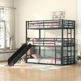 Multi-functional Twin Size Metal Bunk Bed with Ladders and Slide, Divided into Platform and Loft Bed