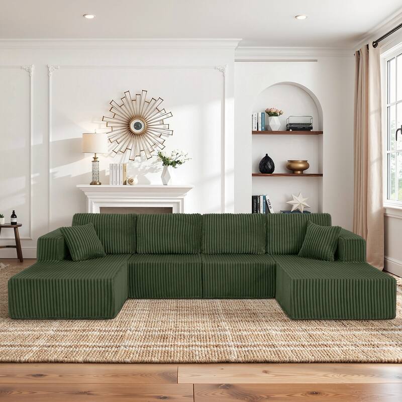 U-Shaped Modular Sectional Sofa with Dual Chaise Lounges, Oversized Corduroy Boneless Couch, Compressed Sofa with Pillows