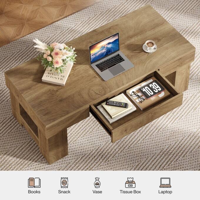 47.24" Wooden Coffee Table with Drawer, Rustic Center Table