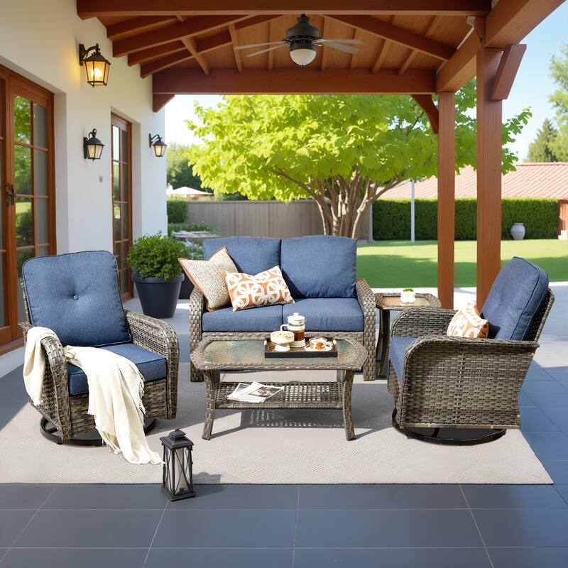 XIZZI Outdoor Patio Furniture Wicker Sofa Swivel Chair Set - 5-Piece - Denim Blue