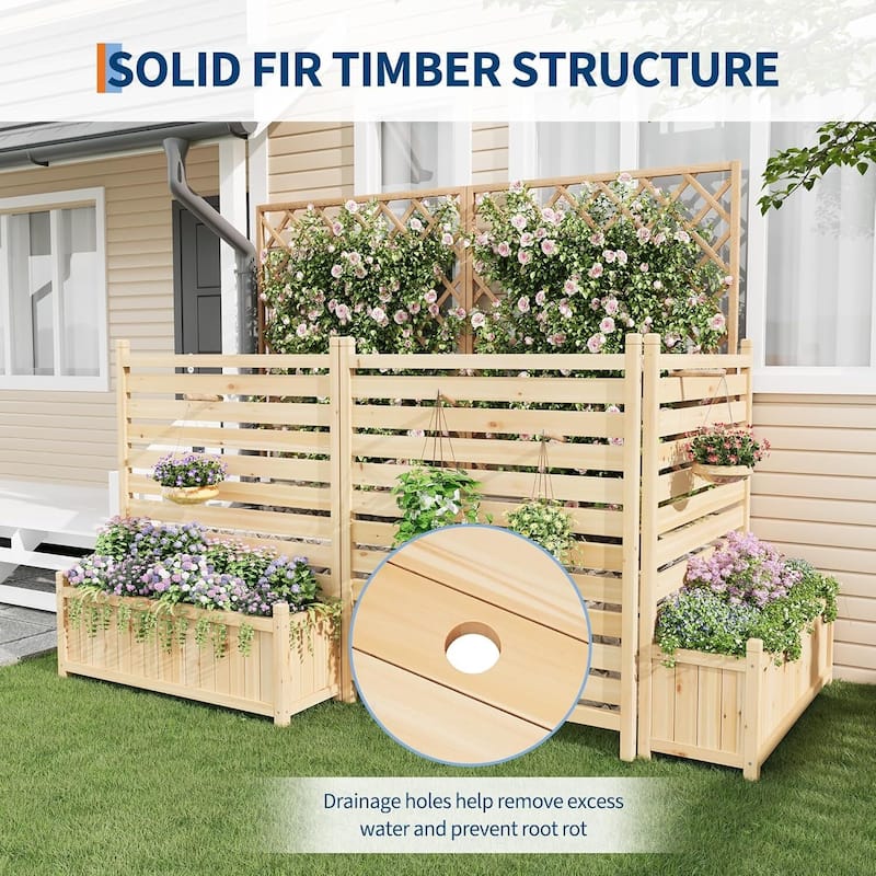 3 Pieces Wood Fence Panels with Planter Box for Outside, Yard - N/A