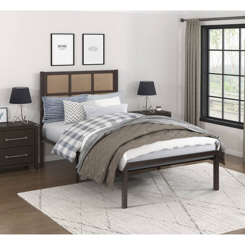 Queen/Full/King/Twin Platform Bed with Faux Cane Headboard, Metal Frame, and Coastal Design.