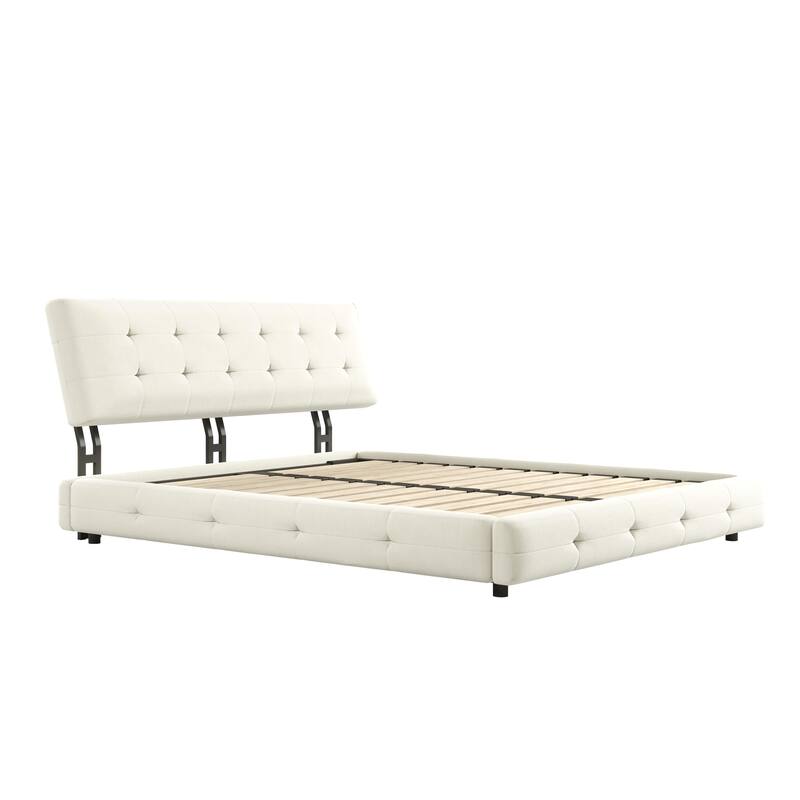 Queen Size Bed Frame with Tufted Headboard, Chenille Platform, Solid Wood and Metal Support, Beige/White