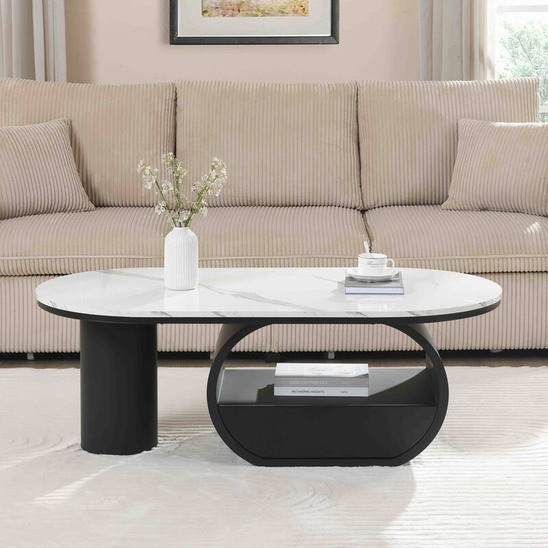 Luxury Industrial Oval Coffee Table, 47.24'' Coffee Table With Storage Drawer,Metal Center Table For Living Room