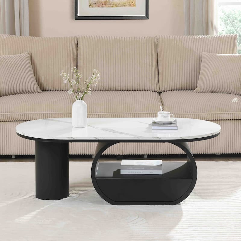 Luxury Industrial Oval Coffee Table, 47.24'' Coffee Table with Storage Drawer, Metal Center Table for Living Room