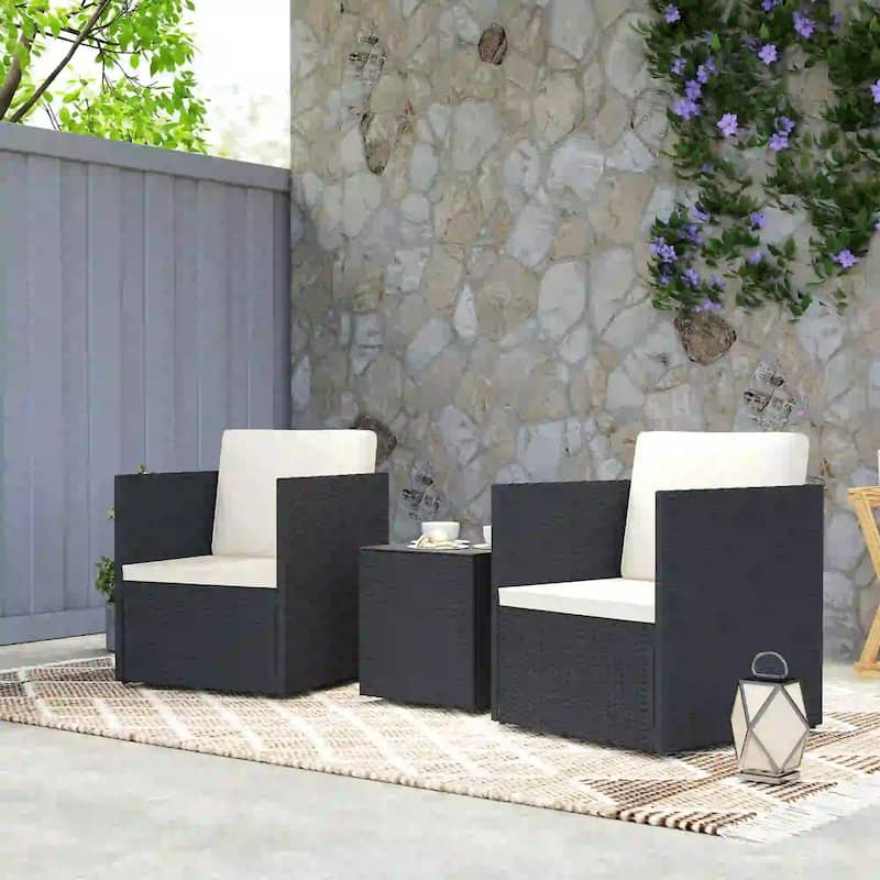 Folding Wicker Bistro 3-Piece Outdoor Set with Cushions and Glass Top