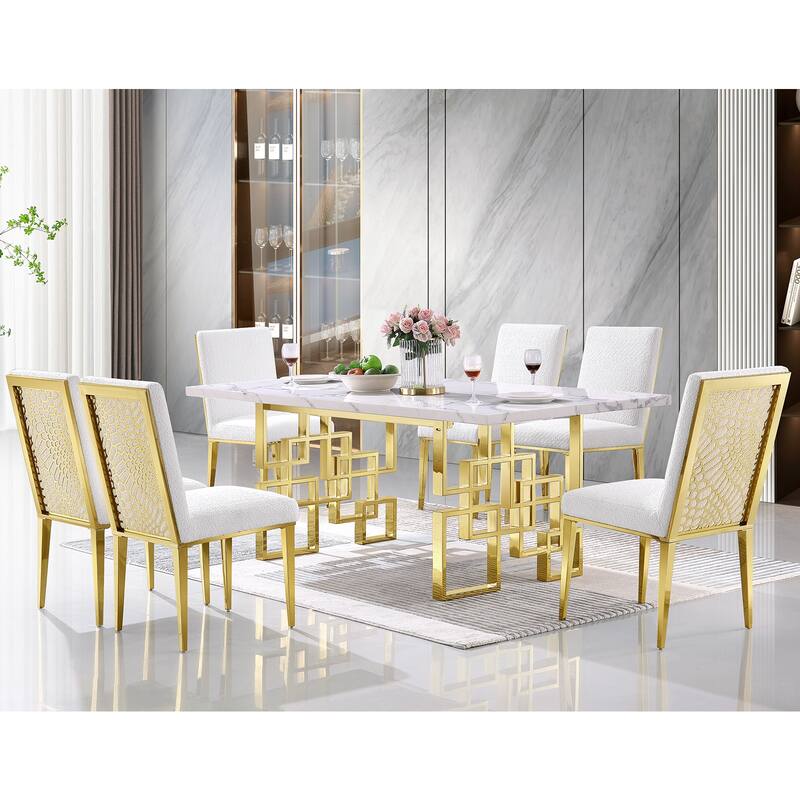 78 inch Faux Marble Dining Table with Geometric Metal Base