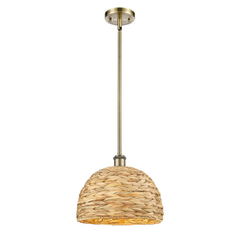 Innovations Lighting Woven Rattan - 1 Light 12" Stem Hung Pendant - Antique Brass/Natural Rattan