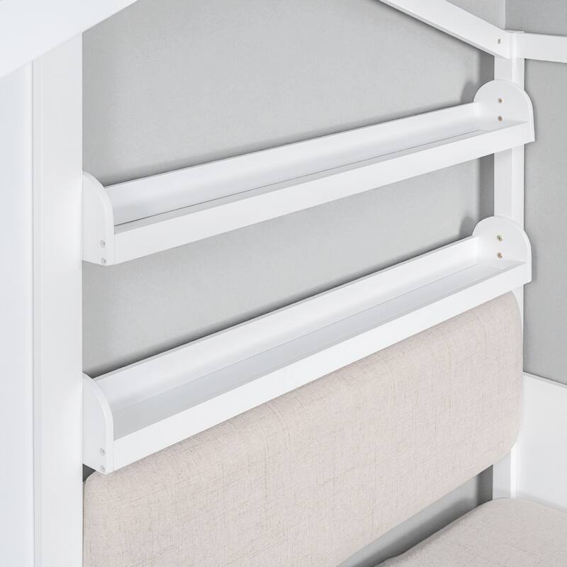 Twin House Bed with Sofa, Two Storage Drawers & Shelf, Kids Playhouse Platform Bed with Pine Wood Frame