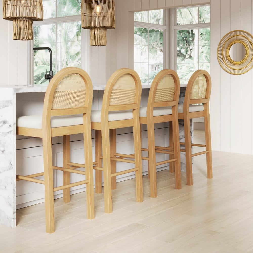 Bailey Boucle Upholstered Rattan Bar Stool or Counter Height Stool with Natural Rattan Woven Back For Kitchen Island