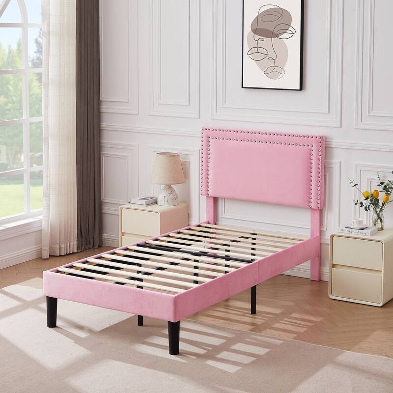 2 Pcs Upholstered Twin Size Platform Bed with Adjustable Headboard