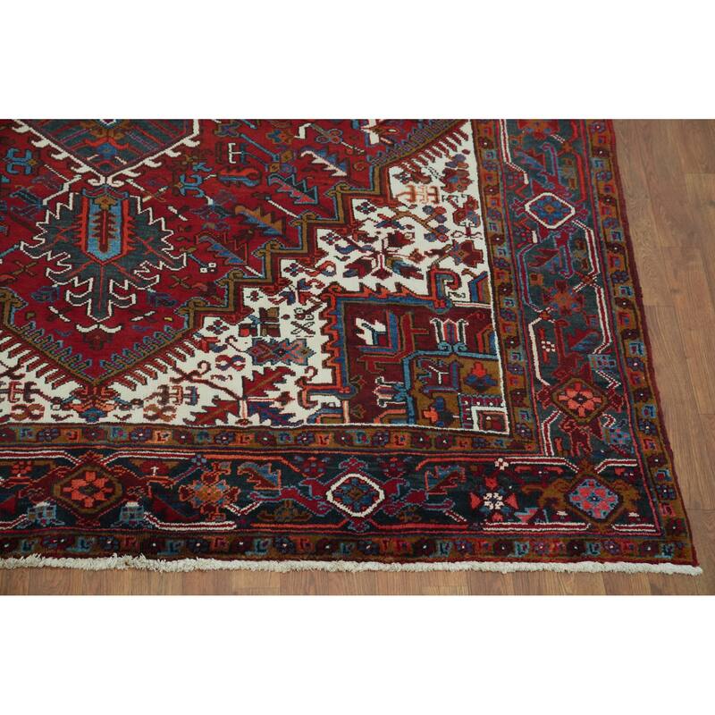 Red Geometric Heriz Serapi Persian Vintage Rug Handmade Wool Carpet - 7'5" x 9'11"
