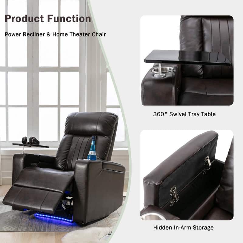 Power Motion Recliner with Hidden Arm Storage, LED Light Strip, 2 Cup Holders, 360 Swivel Tray Table and Cell Phone Holder