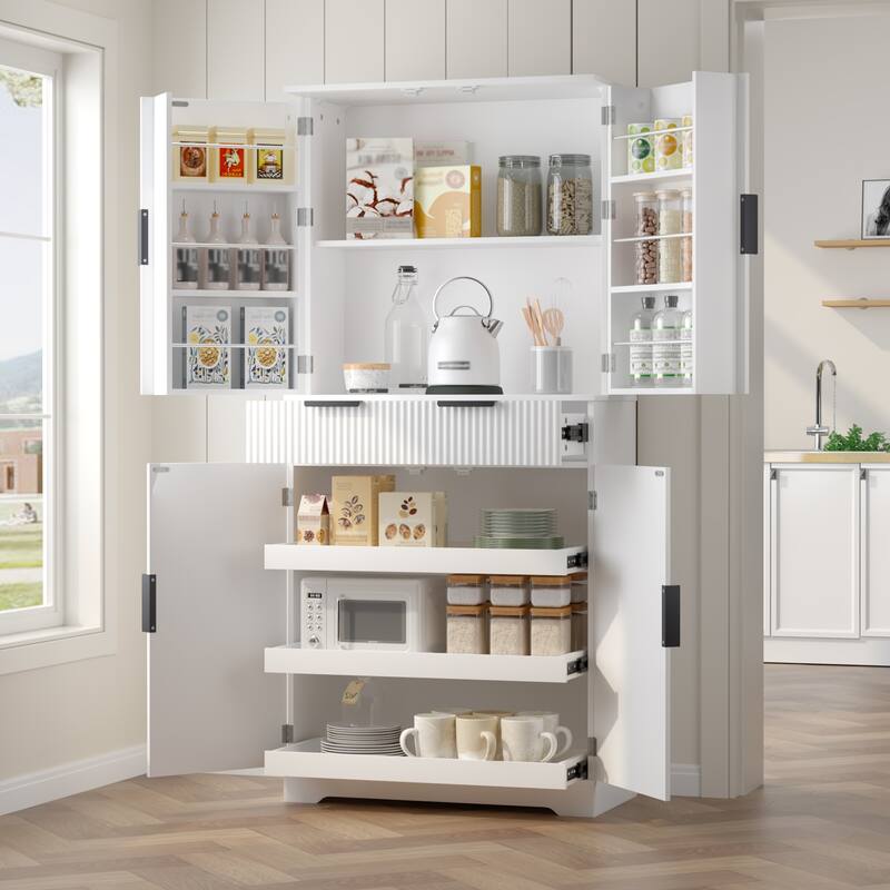 Fluted Kitchen Pantry Cabinet, Freestanding Buffet Cabinet, Storage Cabinet with 3 Keyboard Drawers & 6 Adjustable Door Shelves - White