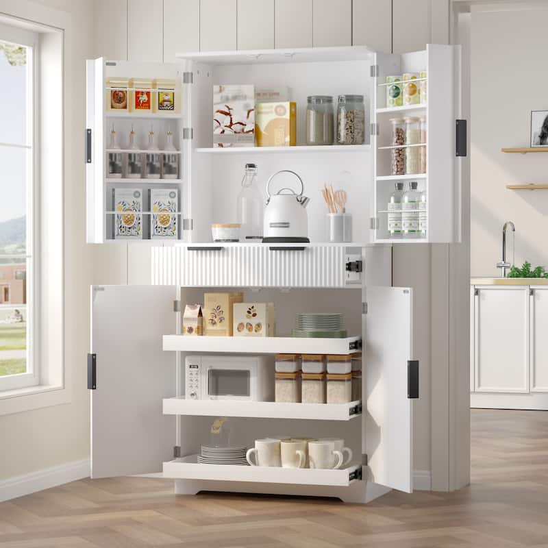Kitchen Pantry Cabinet with 3 Pull Out Shelves, Pantry Storage Cabinet w/ 6 Door Shelf & Adjustable Shelf, Freestanding Cupboard - White