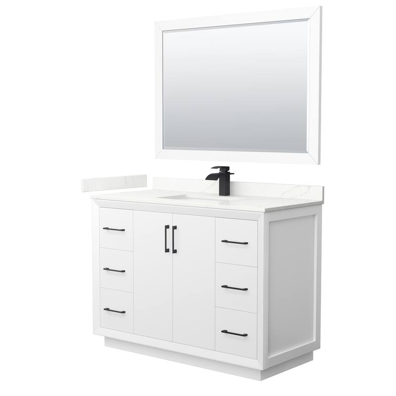 Strada 48-inch Single Vanity, Quartz Top, 46-inch Mirror - White, Black Trim, Giotto Quartz Top
