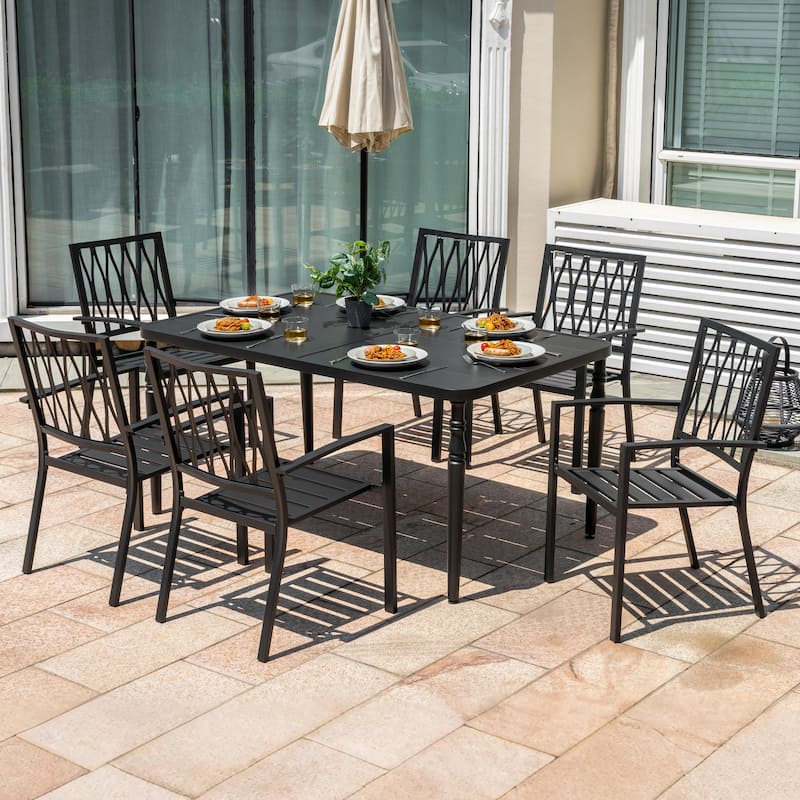 Patio Metal Dining Set with 6 Stackable Chairs and Umbrella Hole, Black