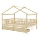 preview thumbnail 7 of 12, Natural Full Size Wooden House Bed with Two Drawers and Roof for Kids, Boys and Girls, Bedroom