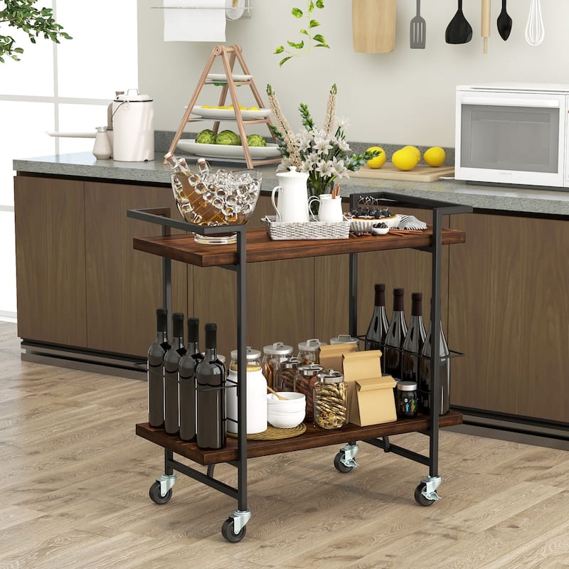 Gymax Home Bar Cart 2-tier Home Bar Cart w/ Lockable Wheels &