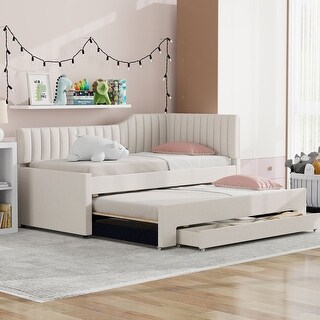 Daybed Captain Bed Upholstered Bed with Trundle and 3 Drawers, Elegance Stripe Design L-Shaped Upholstered Daybed Platform Bed