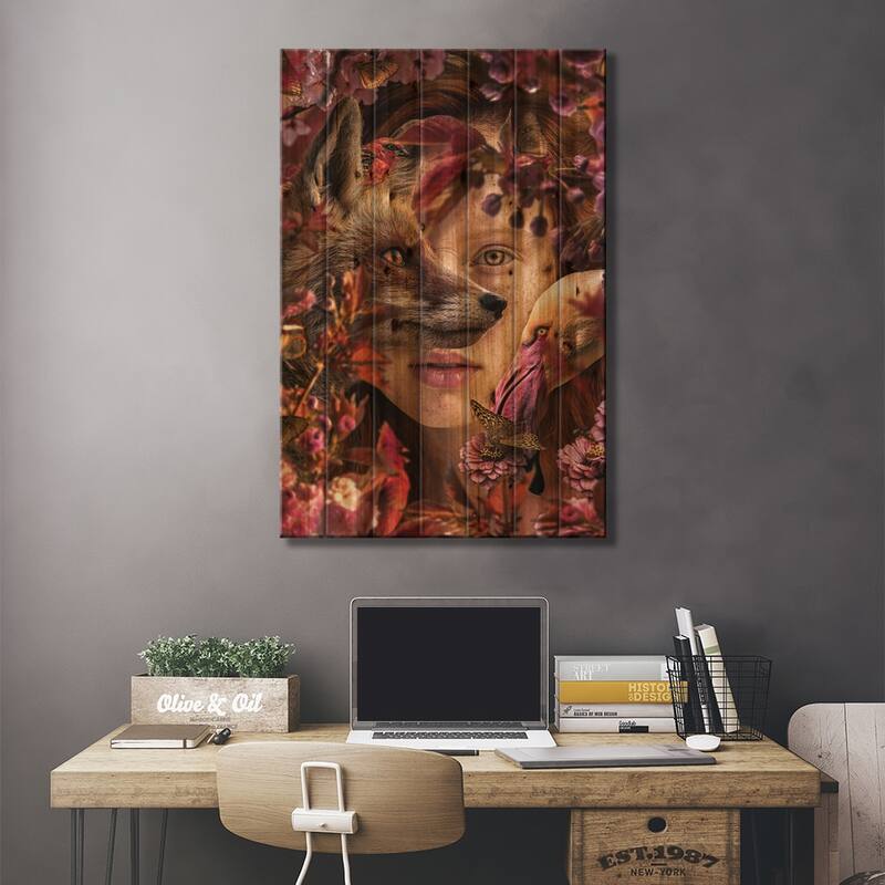 Woman Among Flowers With Fox Print On Wood by Adrian Vieriu - Multi-Color