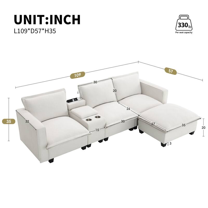 Cloud Sectional Sofa wConsole, USB, Reading Light, Cup Holder, Ottoman