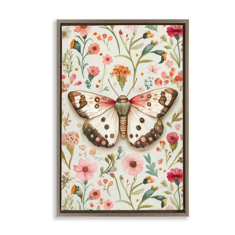 Stupell Botanical Butterfly on Florals Framed Floater Canvas Wall Art Design By The Dutch Lady - 17 x 25 - Brown