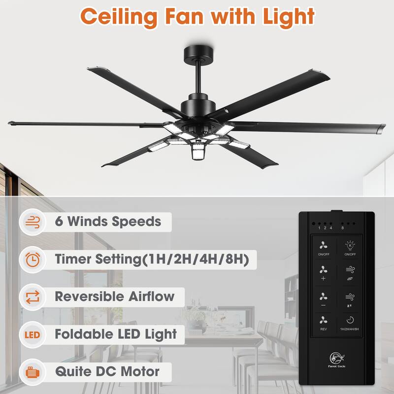 72" Industrial Matte Black Garage Large Ceiling Fan with Foldable LED Light and Remote
