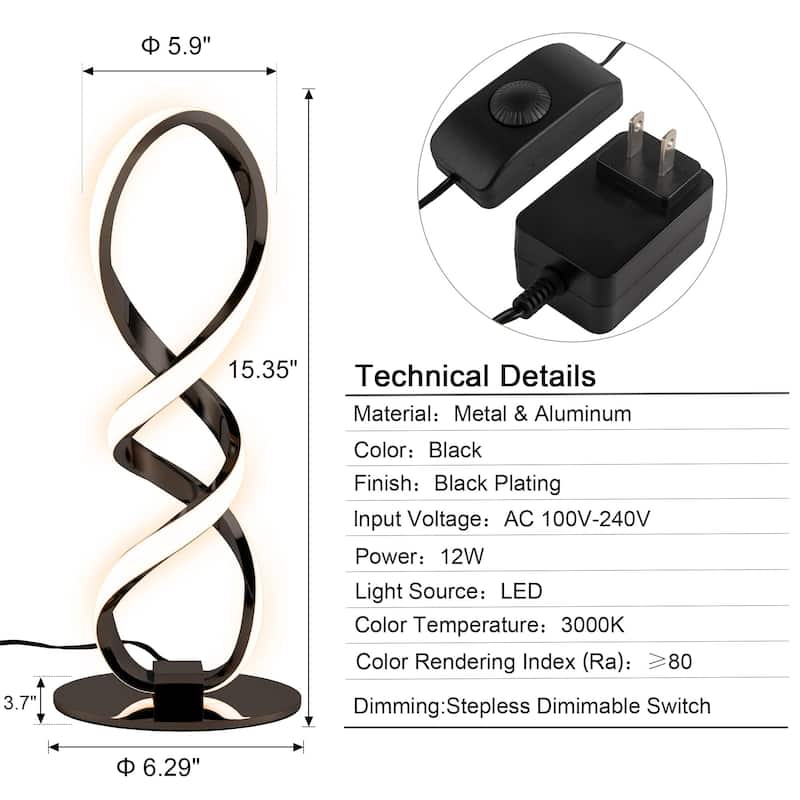 Modern Table lamp, Stepless Dimmable LED Spiral lamp Black Unique Bedside lamp, 12W 3200K Contemporary Nightstand Lamp
