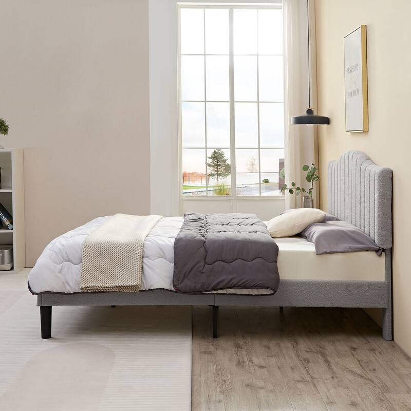 VECELO Upholstered Bed Frames, Platform Beds with Height Adjustable Teddy Fabric Headboard, 7.9'' Under Bed Space