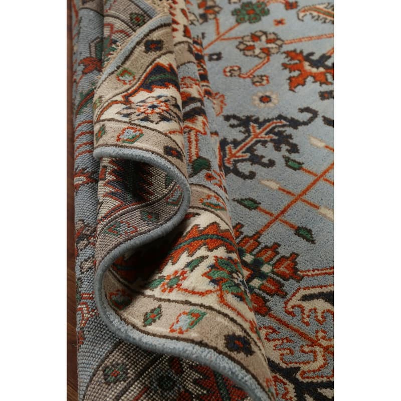 Light Blue Geometric Oushak Oriental Area Rug Hand-Knotted Wool Carpet - 7'10"x 9'10"