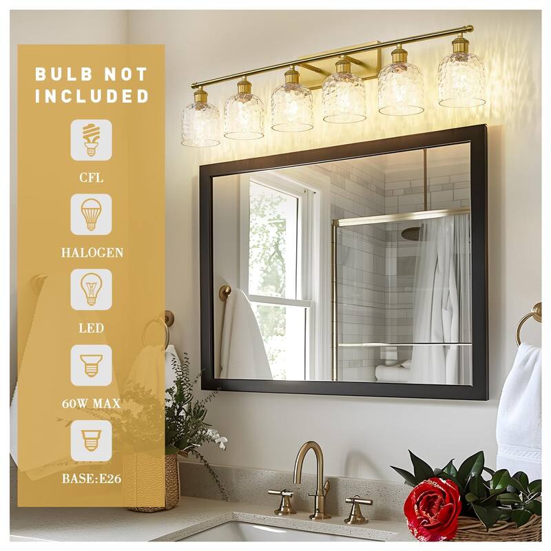 Bathroom Lighting with Clear Hammered Glass, Brushed Gold Finish