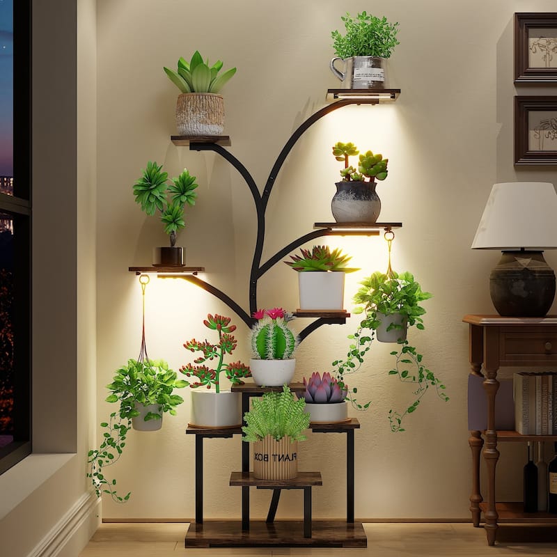 VECELO Indoor Plant Stand with Grow Lights 4 Styles 6/7/9 Shelves Adjustable Timer & Brightness Decorative Rack for Living Room