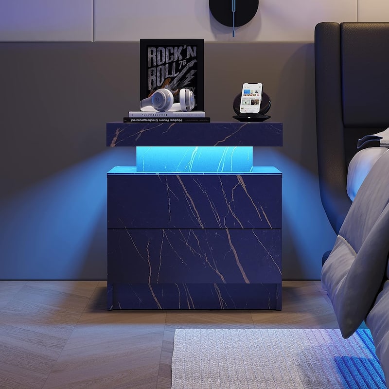 Nightstand LED Bedside Table Cabinet Lights Modern End Side with 2 Drawers for Bedroom (Blue Gold)