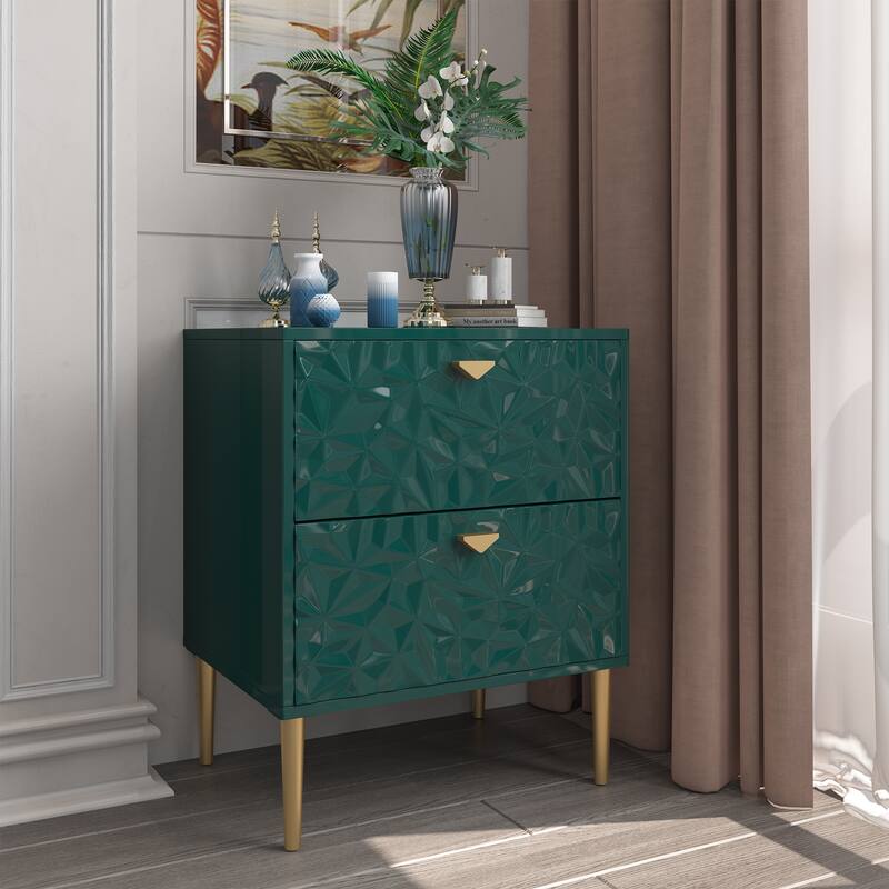 Clihome 2 Drawers High Gloss Storage Accent Nightstand for Bedroom