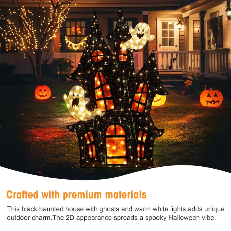 Glitzhome 5ft Pre-lit Halloween 2D Haunted House Outdoor Decor with 210 Warm White LED Lights