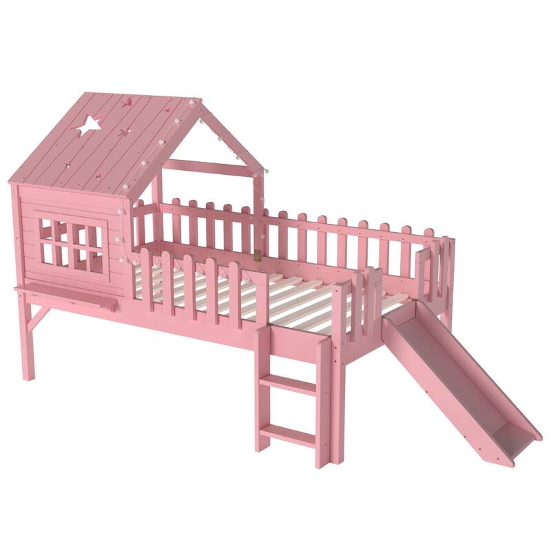 House Loft Bed with Slide and LED Lights, Kids Playhouse Bed with Star & Moon Cutout Roof and Window, Low Loft Bed