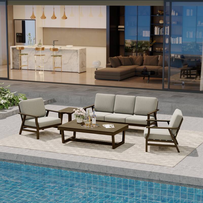 Modern Wood Cushioned Outdoor Patio Sofa Loveseat with Coffee Table