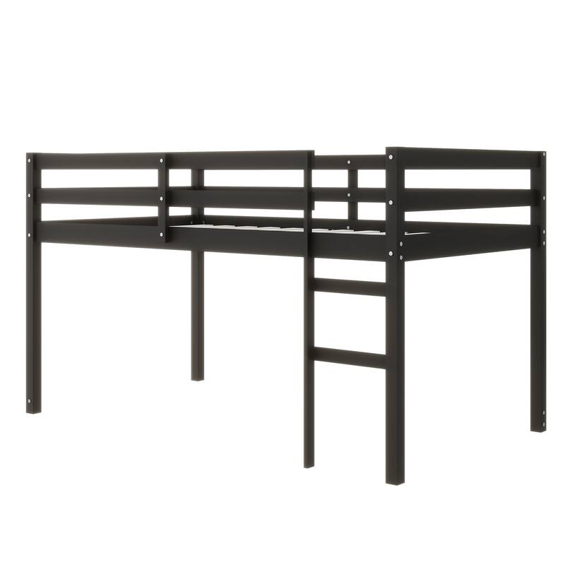 Twin size Rubber Wood Loft Bed with Ladder, 13 Strengthened Slats and Safety Guardrails - Black