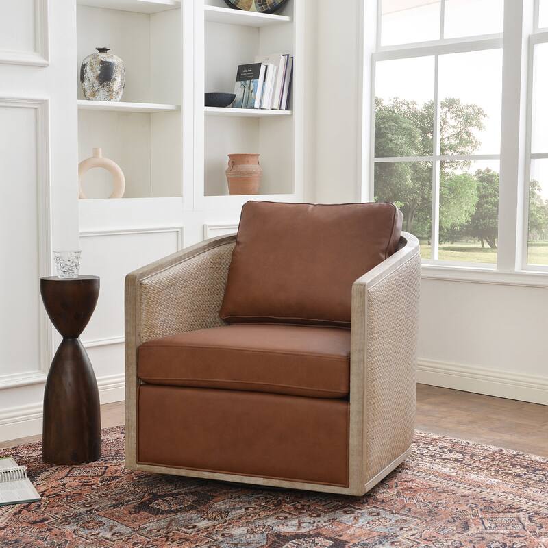 KINWELL 31"W Oak Frame Upholstered Swivel Barrel Armchair