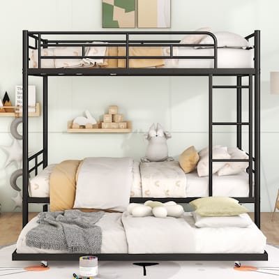 Convertible Full Over Full Bunk Bed with Trundle and Guardrails