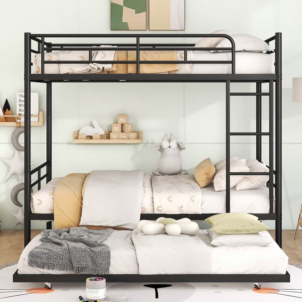 Detachable Iron Bunk Bed Frame, Heavy Duty Metal Bunk Bed with Trundle Bed, Split Into 2 Bed Frames, No Box Spring Needed