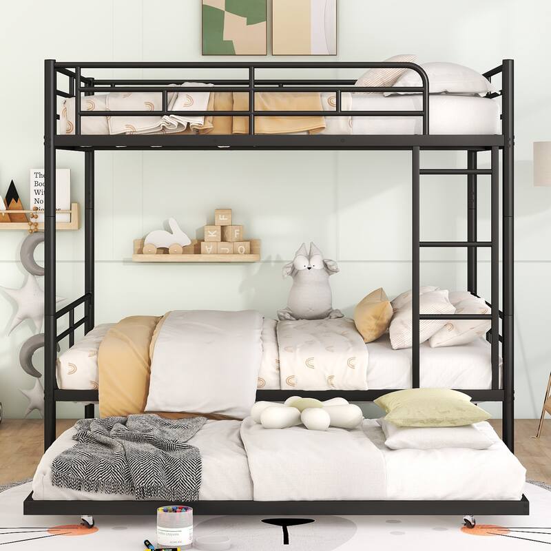 Metal Bunk Bed Frame Kids Dormitory Bed with Trundle, Ladder & Safety Guardrails, Bedroom Convertible Metal Bed Frame