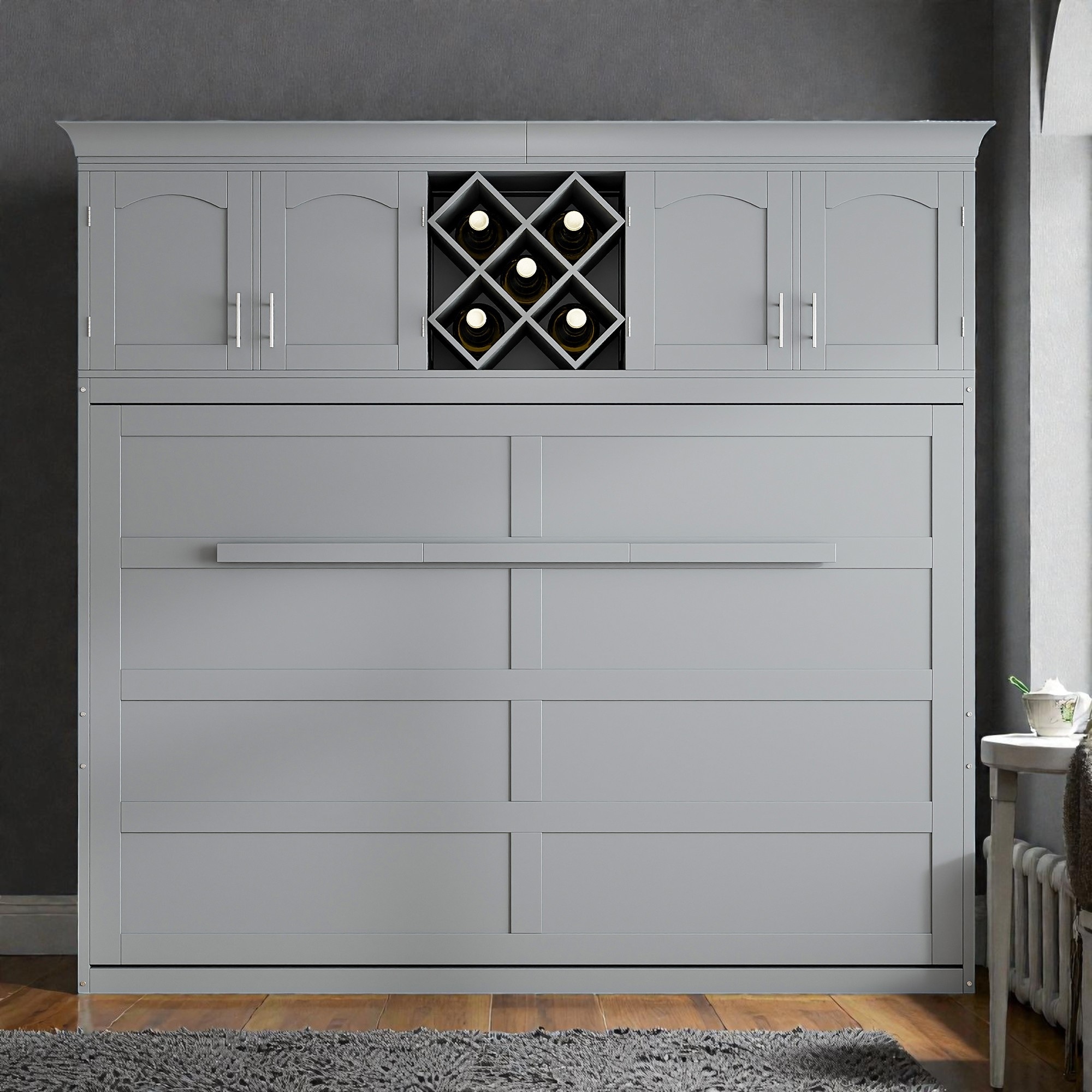 Queen Murphy Bed with Upper Cabinets and Wine Rack, Space-Saving Foldable Wall Bed with Slats