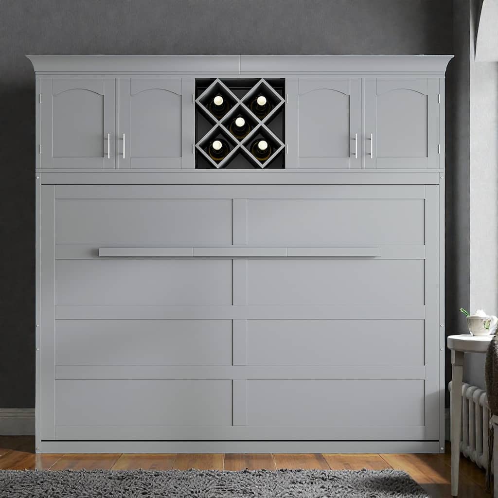 Queen Murphy Bed with Upper Cabinets and Wine Rack, Space-Saving Foldable Wall Bed with Slats