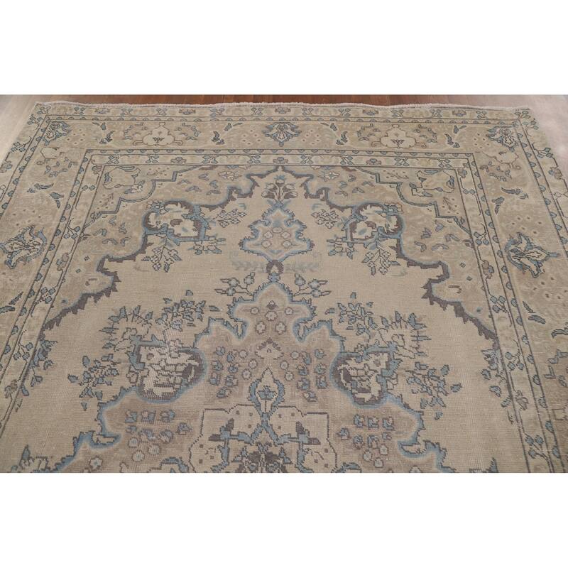 Vintage Distressed Tabriz Persian Rug Beige Handmade Wool Carpet - 6'11" x 10'4"