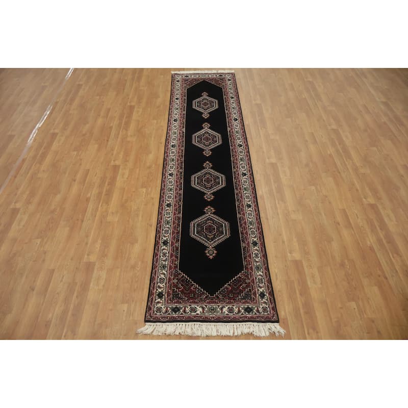 Hand Knotted Oriental 100% Wool Carpet Traditional Geometric Black Bidjar Runner Rug - 10' 2'' X 2' 5''
