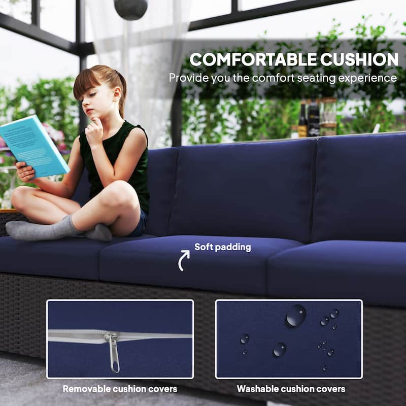 Outsunny 3-Seat Patio Sofa with Cushions, PE Rattan Outdoor Couch with Wood Grain Wide Armrests for Porch