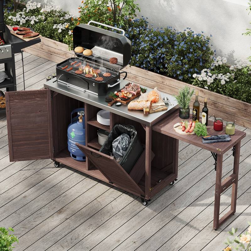 78.3" Outdoor Kitchen Island with Foldable Grill Table, Wooden Cart with Trash Storage & Stainless Steel Top for Lawn & Garden - Dark Brown