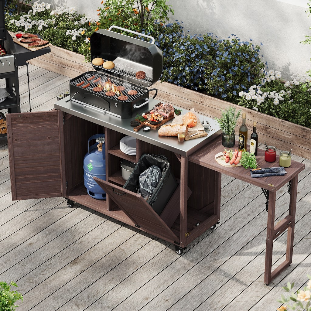 78.3" Outdoor Kitchen Island with Foldable Grill Table, Wooden Outdoor Grill Cart with Trash Can Storage & Stainless Steel Top